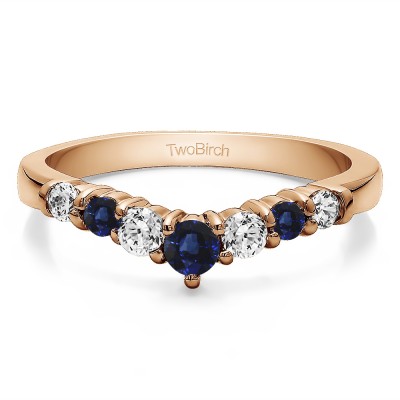 0.35 Ct. Sapphire and Diamond Seven Stone Shared Prong Gradudated Contour Wedding Ring in Rose Gold