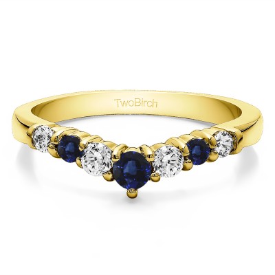 0.35 Ct. Sapphire and Diamond Seven Stone Shared Prong Gradudated Contour Wedding Ring in Yellow Gold