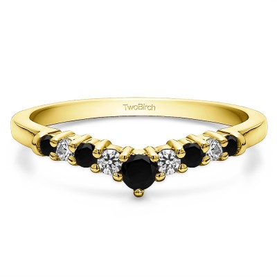 0.32 Ct. Black and White Nine Stone Graduated Curved Band in Yellow Gold