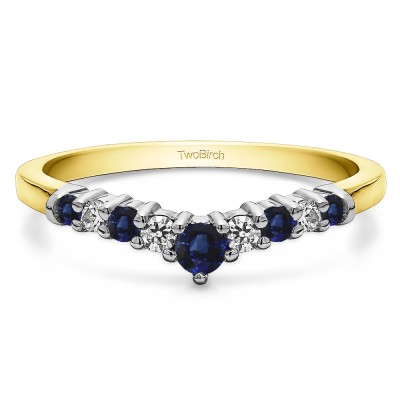 0.32 Ct. Sapphire and Diamond Nine Stone Graduated Curved Band in Two Tone Gold