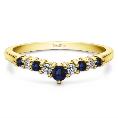 0.32 Ct. Sapphire and Diamond Nine Stone Graduated Curved Band in Yellow Gold