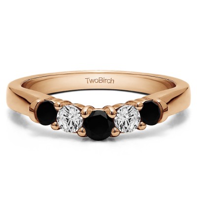0.75 Ct. Black and White Five Stone Graduated Shared Prong Contoured Wedding Ring in Rose Gold