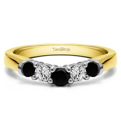 0.25 Ct. Black and White Five Stone Graduated Shared Prong Contoured Wedding Ring in Two Tone Gold