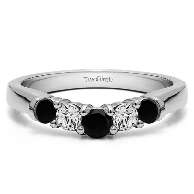 0.75 Ct. Black and White Five Stone Graduated Shared Prong Contoured Wedding Ring