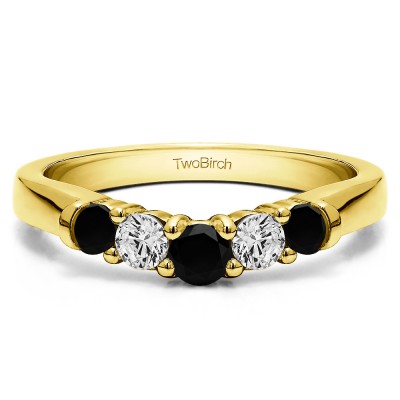 0.25 Ct. Black and White Five Stone Graduated Shared Prong Contoured Wedding Ring in Yellow Gold