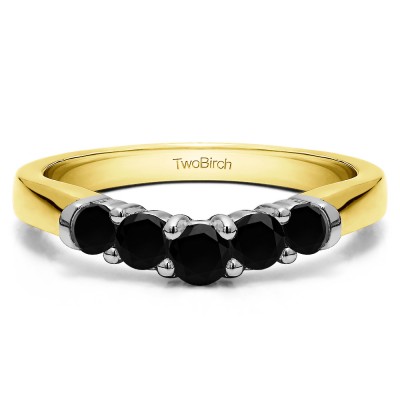 0.25 Ct. Black Five Stone Graduated Shared Prong Contoured Wedding Ring in Two Tone Gold