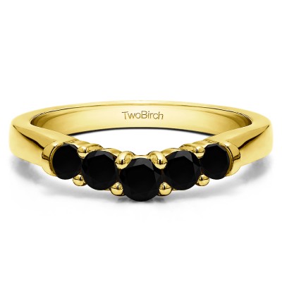 0.5 Ct. Black Five Stone Graduated Shared Prong Contoured Wedding Ring in Yellow Gold