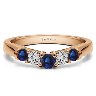 0.25 Ct. Sapphire and Diamond Five Stone Graduated Shared Prong Contoured Wedding Ring in Rose Gold