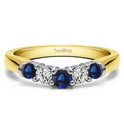 0.75 Ct. Sapphire and Diamond Five Stone Graduated Shared Prong Contoured Wedding Ring in Two Tone Gold