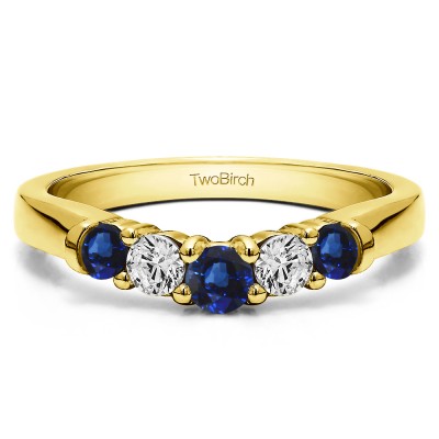 0.75 Ct. Sapphire and Diamond Five Stone Graduated Shared Prong Contoured Wedding Ring in Yellow Gold