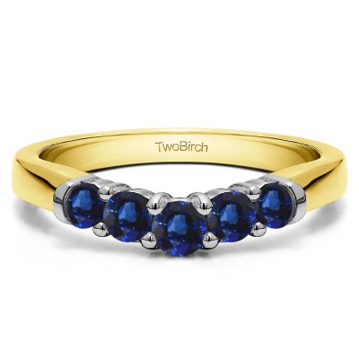 0.25 Ct. Sapphire Five Stone Graduated Shared Prong Contoured Wedding Ring in Two Tone Gold