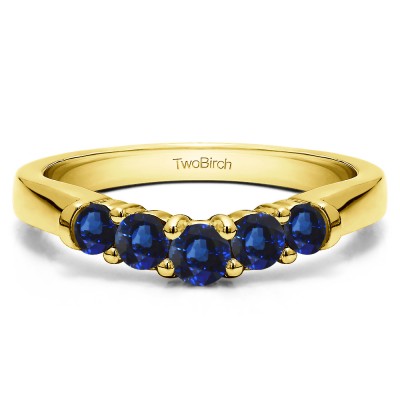 0.75 Ct. Sapphire Five Stone Graduated Shared Prong Contoured Wedding Ring in Yellow Gold