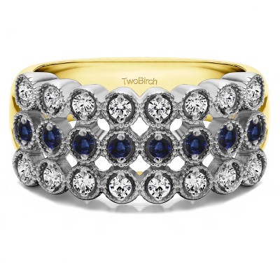 0.72 Carat Sapphire and Diamond Millgrained Bezel Three Row Anniversary Band in Two Tone Gold