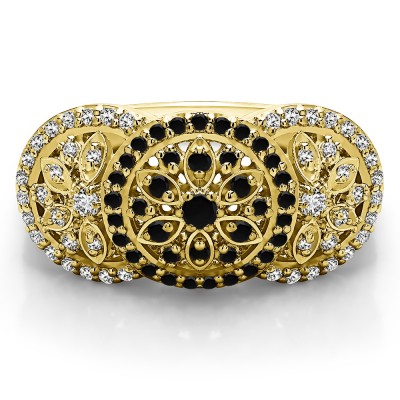 0.49 Carat Black and White Pave Set Flower Anniversary Ring in Yellow Gold