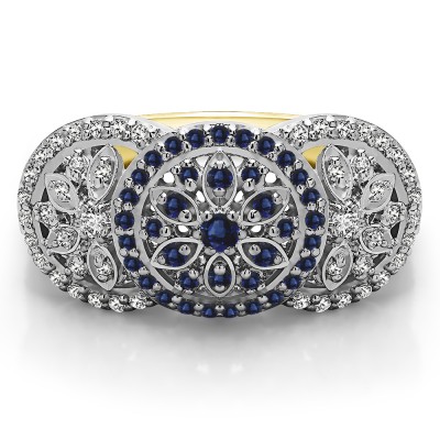 0.49 Carat Sapphire and Diamond Pave Set Flower Anniversary Ring in Two Tone Gold