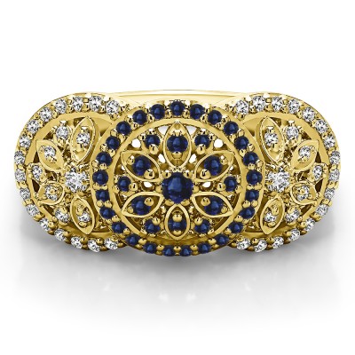 0.49 Carat Sapphire and Diamond Pave Set Flower Anniversary Ring in Yellow Gold