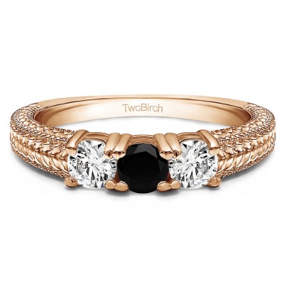 0.75 Carat Black and White Three Stone Engraved Shank Wedding Band in Rose Gold