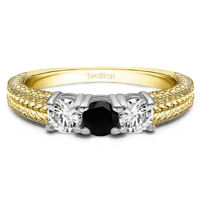 0.75 Carat Black and White Three Stone Engraved Shank Wedding Band in Two Tone Gold