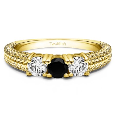 0.75 Carat Black and White Three Stone Engraved Shank Wedding Band in Yellow Gold