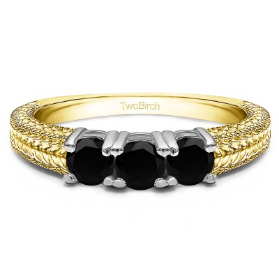 0.75 Carat Black Three Stone Engraved Shank Wedding Band in Two Tone Gold
