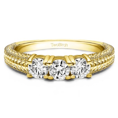 0.75 Carat Three Stone Engraved Shank Wedding Band in Yellow Gold