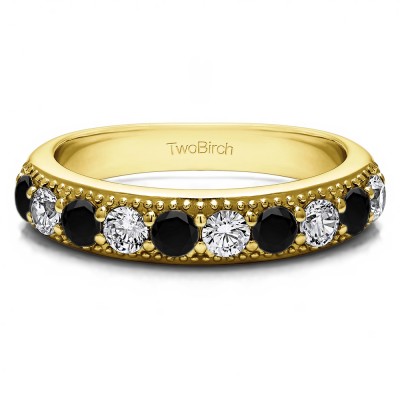 0.5 Carat Black and White Millgrained Double Shared Prong Vintage Wedding Ring  in Yellow Gold