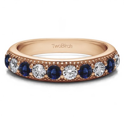 0.25 Carat Sapphire and Diamond Millgrained Double Shared Prong Vintage Wedding Ring  in Rose Gold