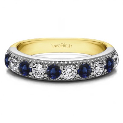 0.5 Carat Sapphire and Diamond Millgrained Double Shared Prong Vintage Wedding Ring  in Two Tone Gold