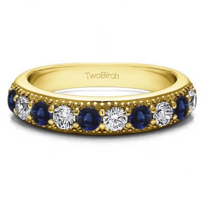 0.5 Carat Sapphire and Diamond Millgrained Double Shared Prong Vintage Wedding Ring  in Yellow Gold