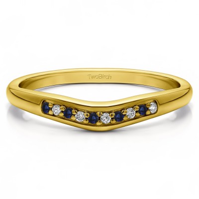 0.1 Ct. Sapphire and Diamond Ten Stone Thin Contour Wedding Band in Yellow Gold
