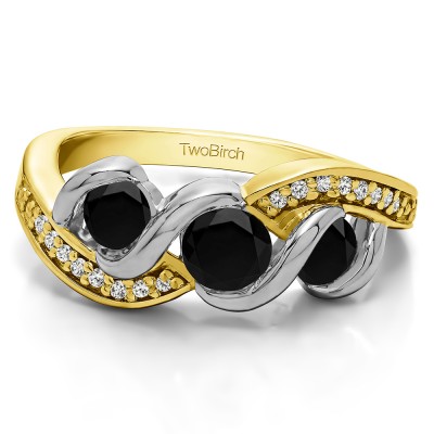 0.72 Carat Black and White Twirl Set Three Stone Anniversary Wedding Ring  in Two Tone Gold