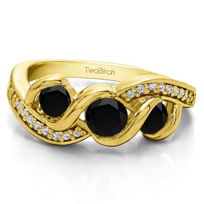 1 Carat Black and White Twirl Set Three Stone Anniversary Wedding Ring  in Yellow Gold