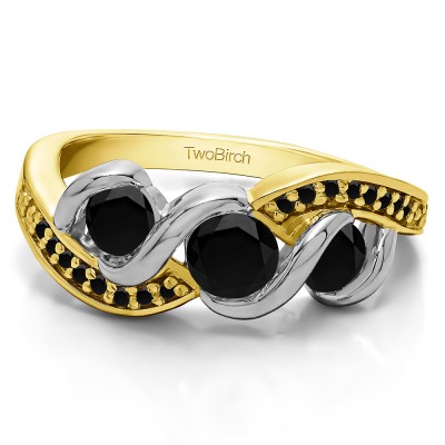 1 Carat Black Twirl Set Three Stone Anniversary Wedding Ring  in Two Tone Gold