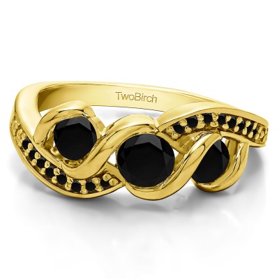 1 Carat Black Twirl Set Three Stone Anniversary Wedding Ring  in Yellow Gold