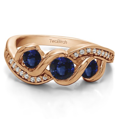0.5 Carat Sapphire and Diamond Twirl Set Three Stone Anniversary Wedding Ring  in Rose Gold