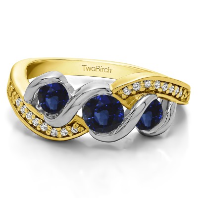 0.5 Carat Sapphire and Diamond Twirl Set Three Stone Anniversary Wedding Ring  in Two Tone Gold