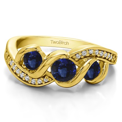 0.5 Carat Sapphire and Diamond Twirl Set Three Stone Anniversary Wedding Ring  in Yellow Gold
