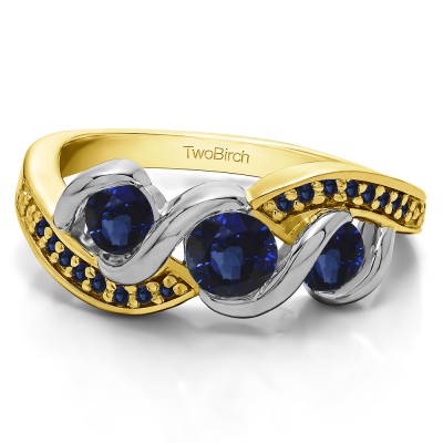 0.5 Carat Sapphire Twirl Set Three Stone Anniversary Wedding Ring  in Two Tone Gold