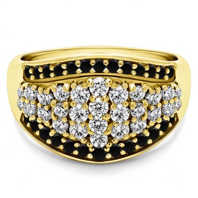1 Carat Black and White Wide Domed Anniversary Band  in Yellow Gold