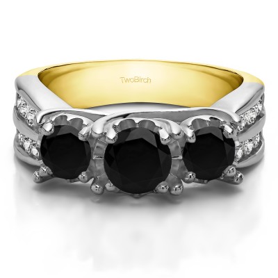 0.98 Carat Black and White Three Stone Shared Prong Wedding Anniversary Band  in Two Tone Gold