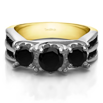 2.01 Carat Black Three Stone Shared Prong Wedding Anniversary Band  in Two Tone Gold