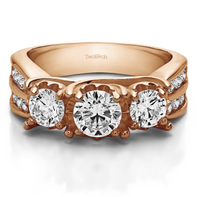 1.51 Carat Three Stone Shared Prong Wedding Anniversary Band  in Rose Gold