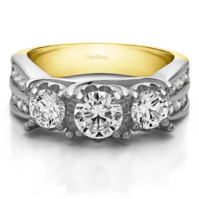 0.98 Carat Three Stone Shared Prong Wedding Anniversary Band  in Two Tone Gold