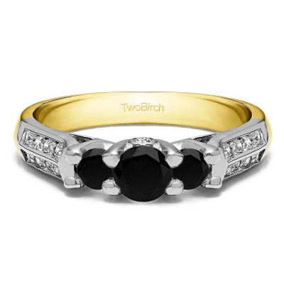 0.87 Carat Black and White Three Stone Knife Edge Shank Wedding Band  in Two Tone Gold