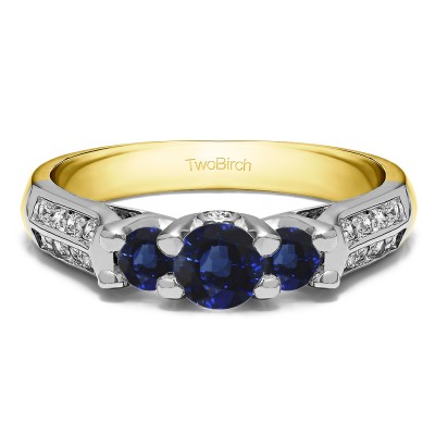 0.52 Carat Sapphire and Diamond Three Stone Knife Edge Shank Wedding Band  in Two Tone Gold