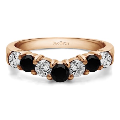 0.75 Ct. Black and White Graduated Shared Prong Seven Stone Contour Anniversary Wedding Ring in Rose Gold