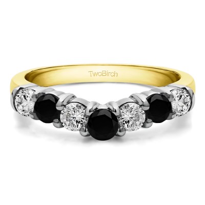 0.75 Ct. Black and White Graduated Shared Prong Seven Stone Contour Anniversary Wedding Ring in Two Tone Gold