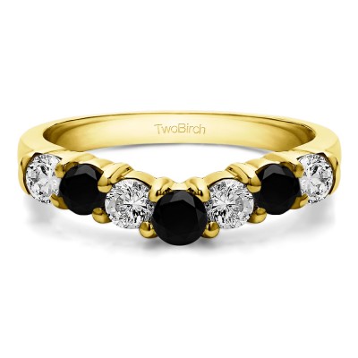 1 Ct. Black and White Graduated Shared Prong Seven Stone Contour Anniversary Wedding Ring in Yellow Gold