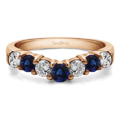 0.5 Ct. Sapphire and Diamond Graduated Shared Prong Seven Stone Contour Anniversary Wedding Ring in Rose Gold