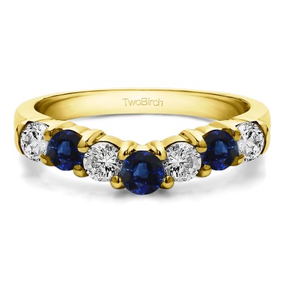 0.26 Ct. Sapphire and Diamond Graduated Shared Prong Seven Stone Contour Anniversary Wedding Ring in Yellow Gold